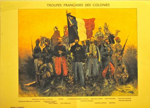 Les troupes françaises des colonies
Une affiche scolaire de présentation des troupes coloniales.